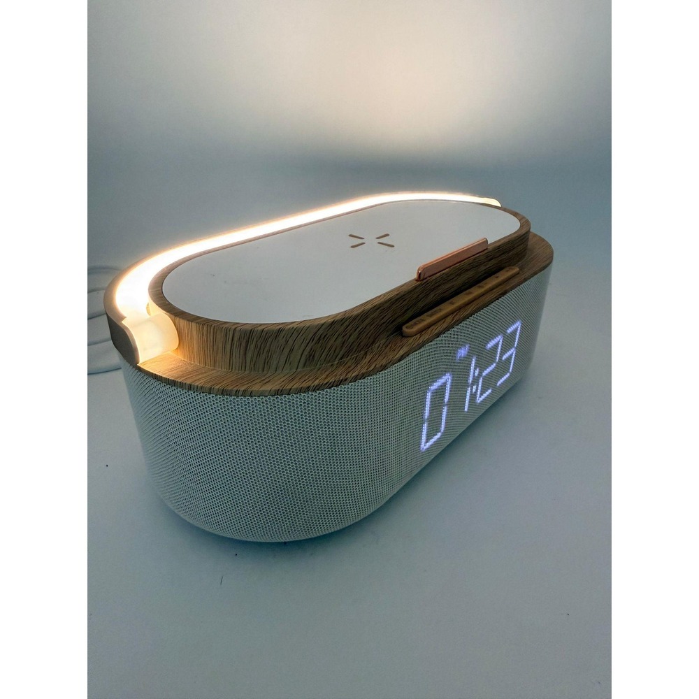 Wireless Charger Bluetooth Speaker Alarm Clock with LED Lamp Wood Grain White